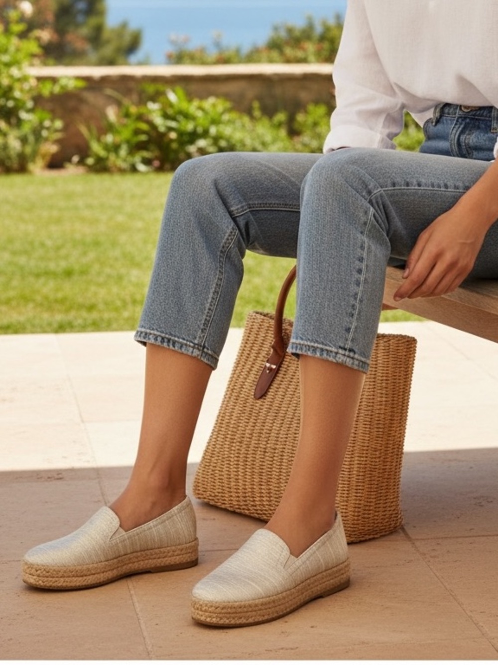 Naturalizer classic slip on cream tan jute platform espadrille shoes size 8 1/2